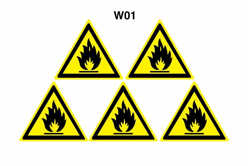 Запрещающий знак W01 Пожароопасно. Легковоспламеняющиеся вещества самоклеящаяся наклейка 100 мм 5 шт. ГОСТ 12.4.026-2015