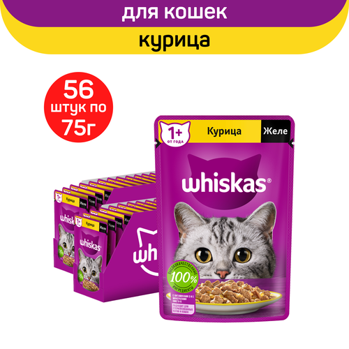 Влажный полнорационный корм Whiskas для взрослых кошек, желе с курицей, 75г. х 56шт.