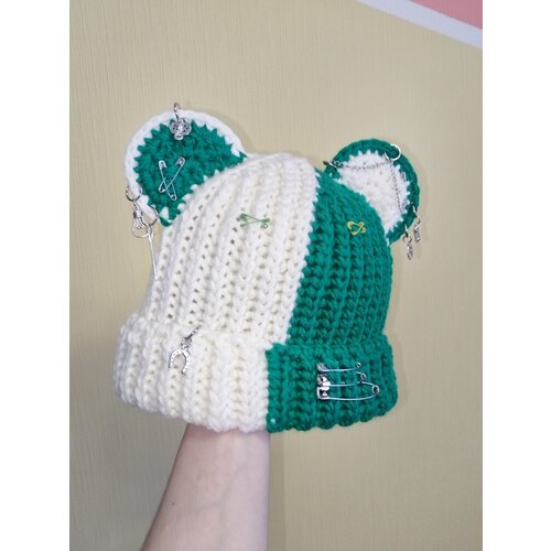 фото Шапка вязанная шапка с ушками mamalu, размер 50/60, зеленый, бежевый нет бренда