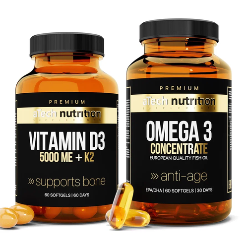 Набор Витамин Д3/К2 + Омега 3 высокой концентрации aTech nutrition PREMIUM 2 упаковки по 60 капсул