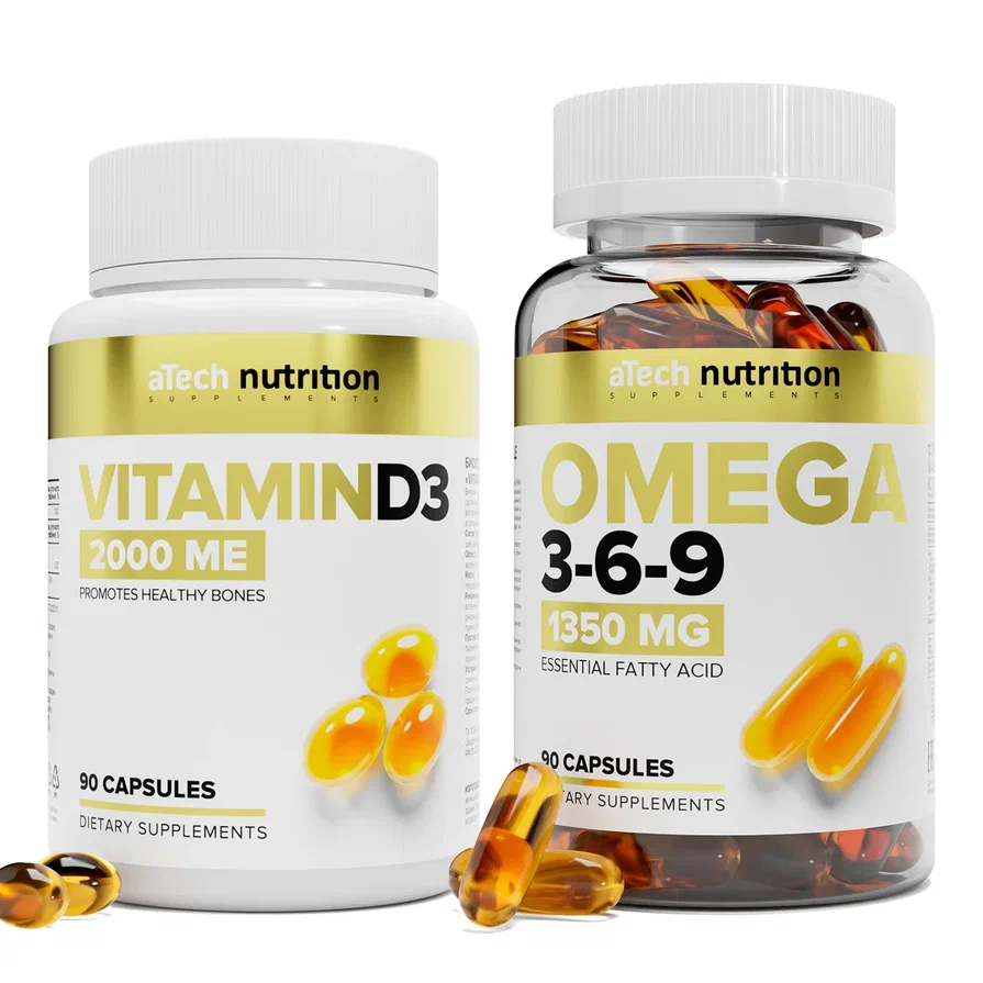 Набор 2 упаковки витаминов aTech nutrition: Омега 3 6 9 1350 мг + Д3 2000 МЕ 90+90 капсул
