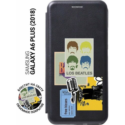 Чехол-книжка на Samsung Galaxy A6+ (2018), Самсунг А6 Плюс 2018 с 3D принтом Beatles Stickers черный матовый чехол cute stickers для samsung galaxy a6 2018 самсунг а6 плюс 2018 с 3d эффектом черный