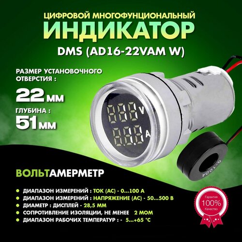 Вольтамперметр цифровой DMS-231 индикатор (AC) 0-100А, - 50-500В кольцевой датчик тока бел.