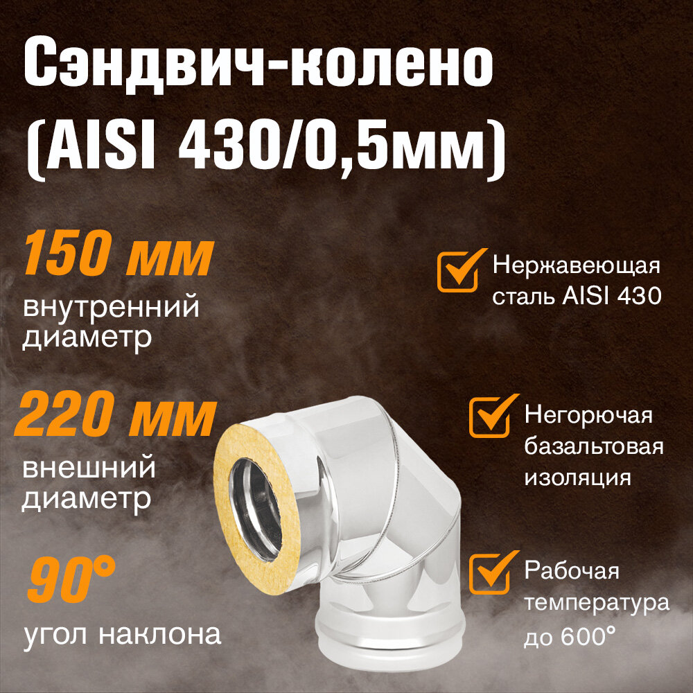 Сэндвич-колено для дымохода Нержавейка + Нержавейка (AISI 430/0,5мм) 90 градусов 3 секции (150х220)