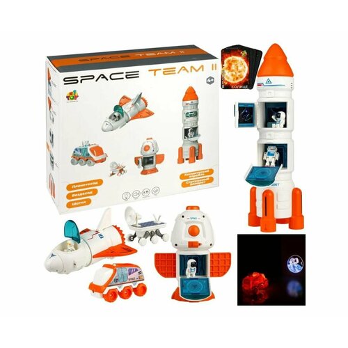 Игровой набор со звуковыми и световыми эффектами, паром и проектором 1TOY, SPACE ТEAM космический корабль, шаттл, исследовательский планетоход, вездеход, 3 фигурки космонавта