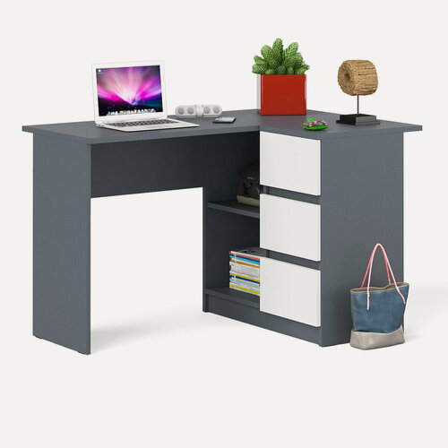 Изображение товара Угловой компьютерный стол Мори МС-16 правый графит/белый, 124,4х84,9х76,6 см, ящики справа, НЕ ун. сб.