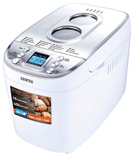 Хлебопечка Centek CT-1415 (бел/сталь) 1500 г большой объём, 860Вт, 15 программ, таймер, LCD, окошко белый цвет