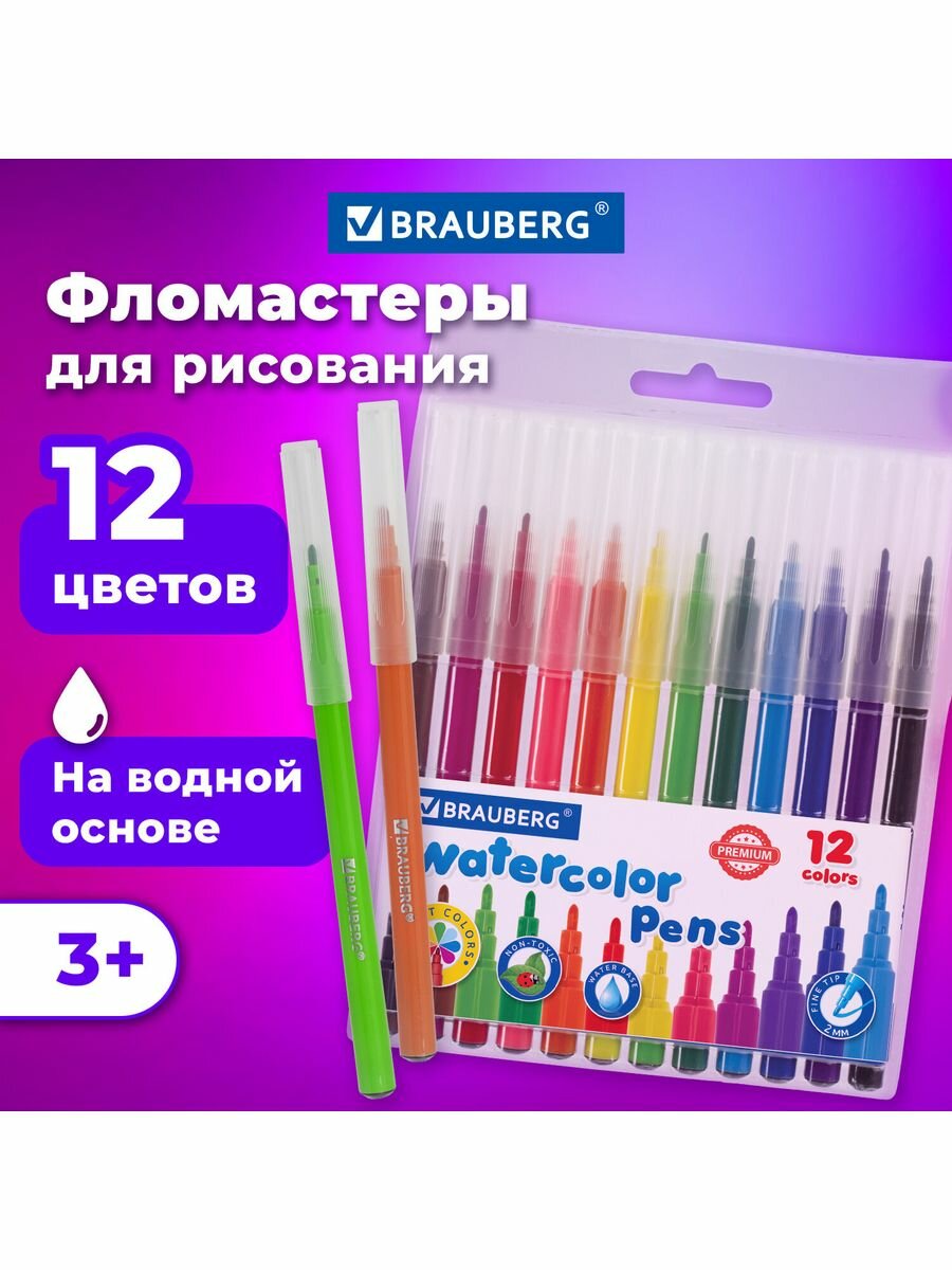 Фломастеры BRAUBERG "PREMIUM", 12 цветов, классические, вентилируемый колпачок, ПВХ-упаковка с европодвесом