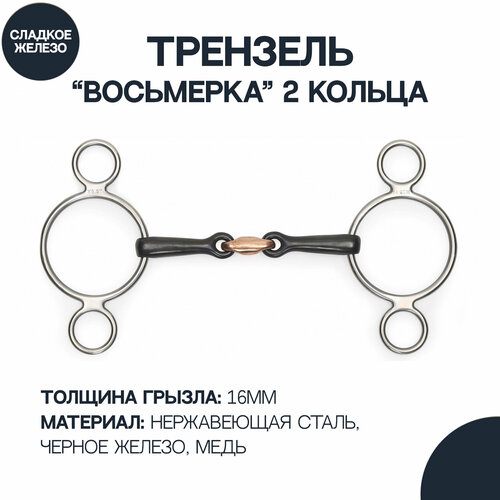 Трензель для лошади с двумя кольцами восьмёрка с медной конфетой SHIRES Black Iron, 140 мм (Великобритания)