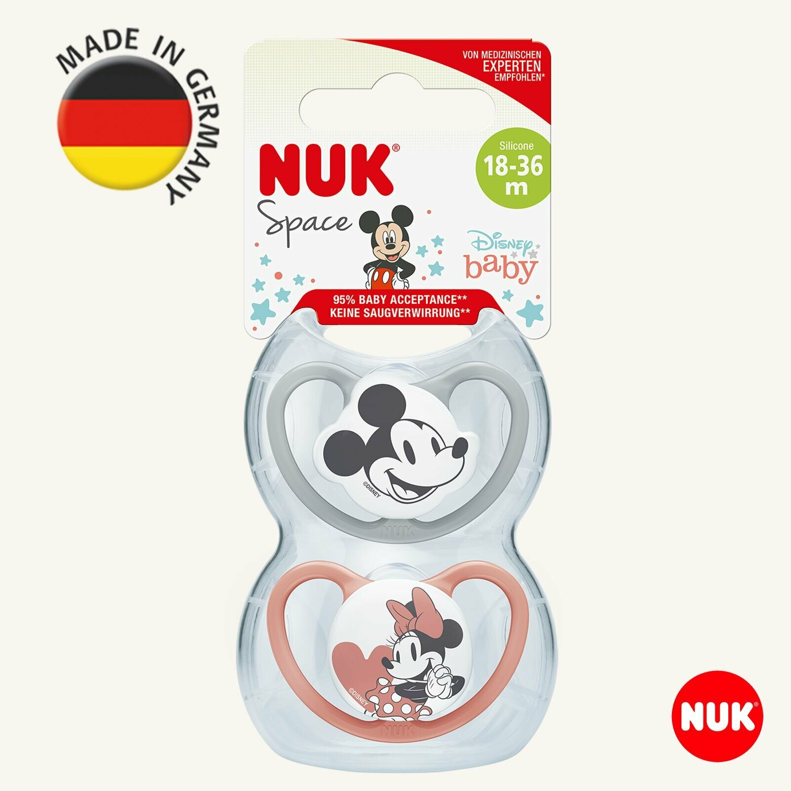 NUK SPACE MICKEY Ортодонтическая соска-пустышка силиконовая 18-36 месяцев, 2шт
