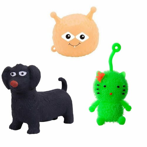 Антистресс-тянучки Junfa: котенок-пушистик, собака такса, монстрик, 3шт нSQ011 игрушка антистресс резиновые животные кальмар мялка тянучка