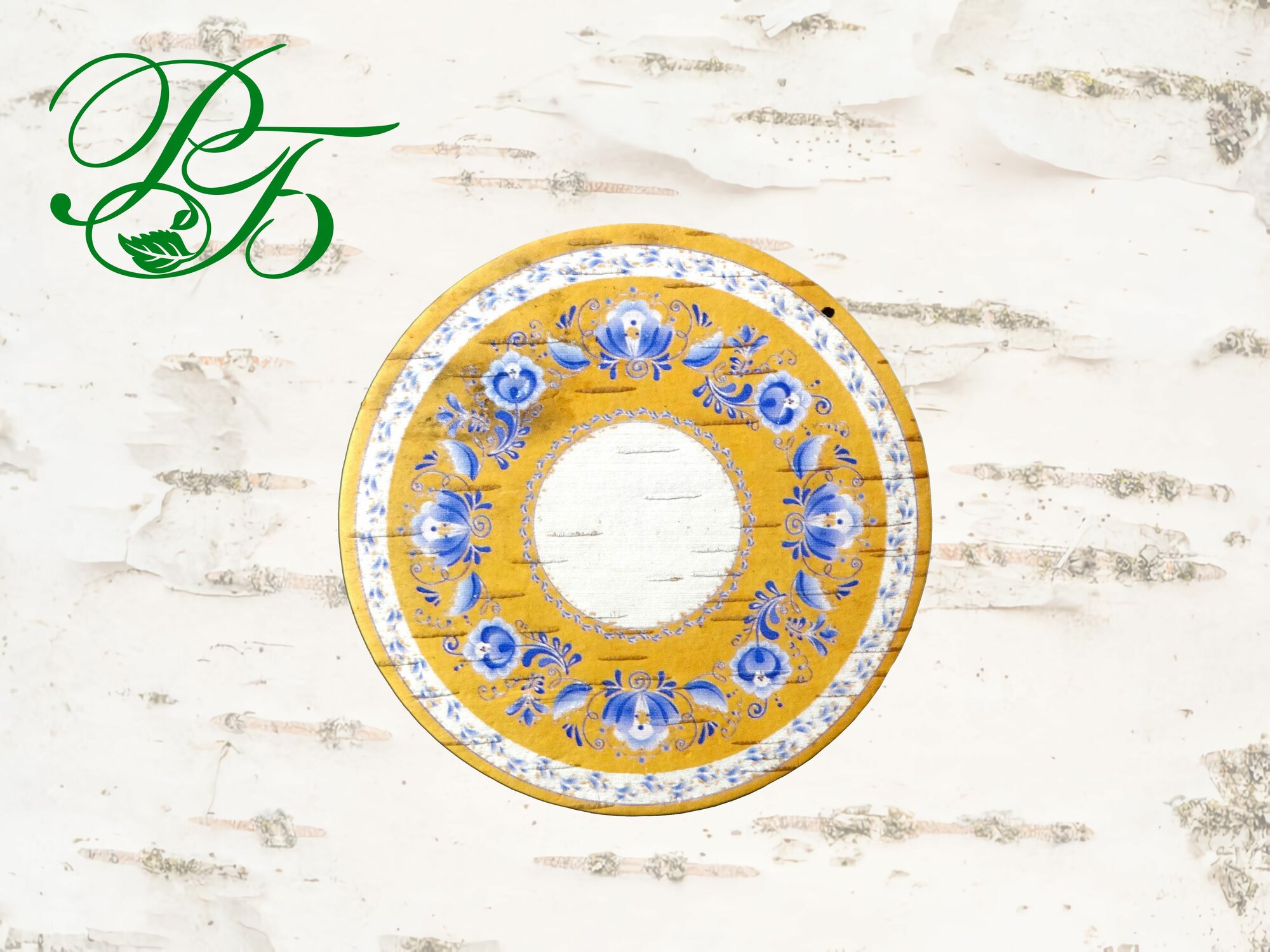 фото Подставка под горячее из бересты, "Синие цветы", ручная работа