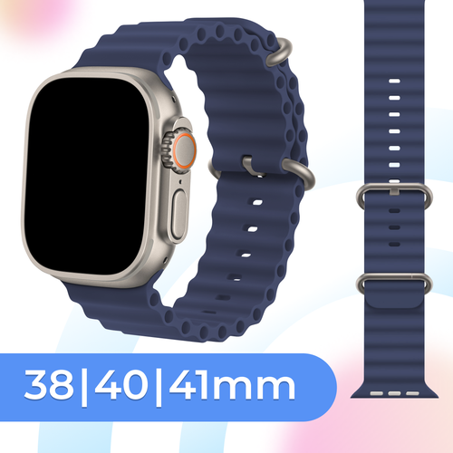 силиконовый ребристый ремешок для умных часов apple watch 38 40 41 mm спортивный сменный браслет для смарт часов эпл вотч 1 9 se серии midnight Силиконовый ребристый ремешок для умных часов Apple Watch 38-40-41 mm / Спортивный сменный браслет для смарт часов Эпл Вотч 1-9, SE серии / Blue