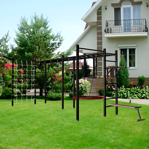 Уличная шведская стенка Sv Sport рукоход х 2 с комплектом турник прямой 2шт и сеткой У55277 (ступени Чёрные / Качели-гнездо 1.15м)