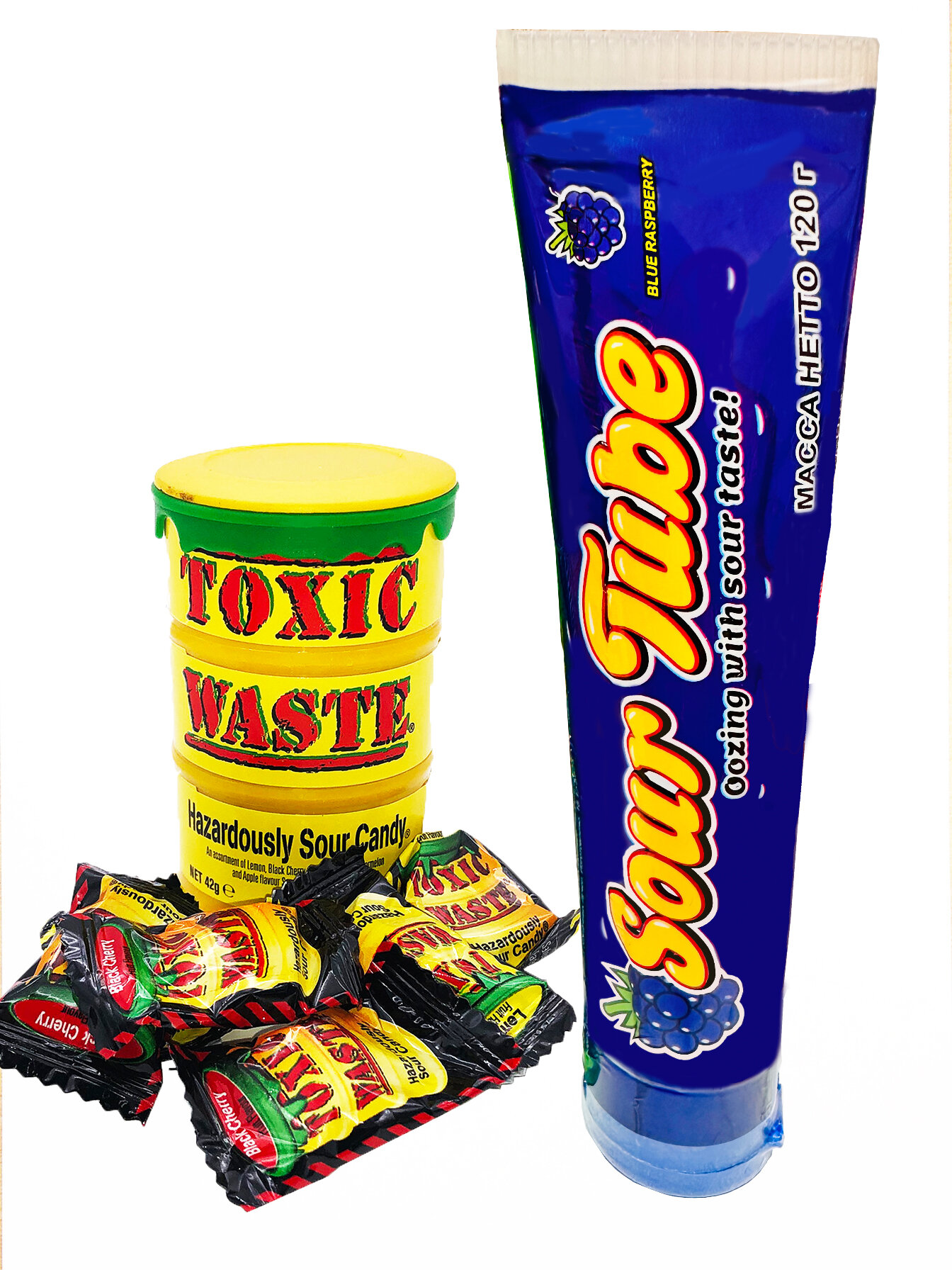 Кислый набор Toxic Waste и карамель Sour tube малина