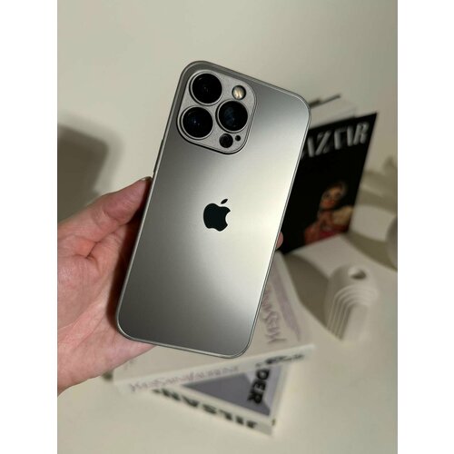 Чехол матовый IPhone 14 Pro титановый с защитой на линзах / AG - Glass IPhone 14 Pro Natural Logo серебристый, серый