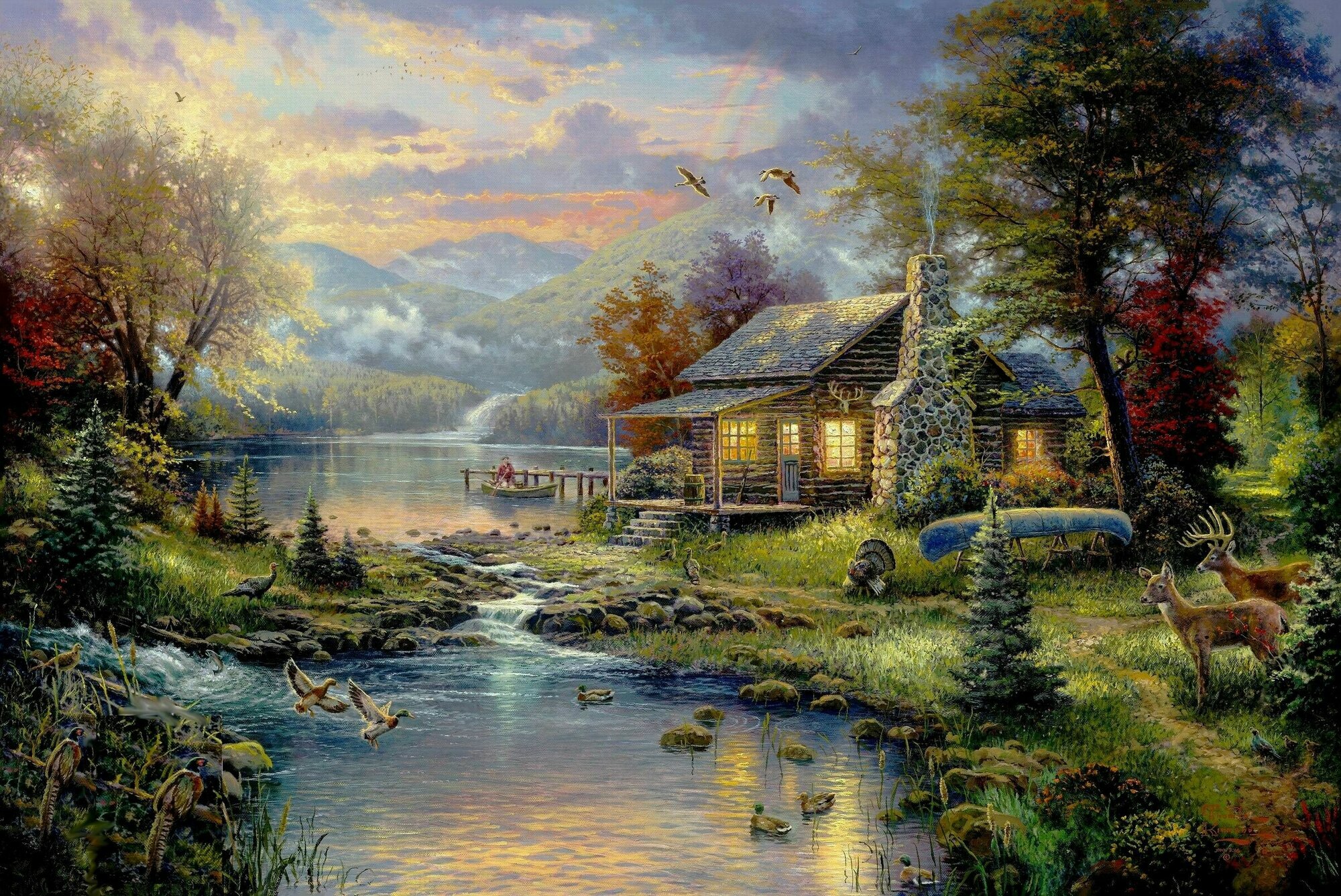 Картина на холсте (Сказочный лес, домик у озера, пейзаж, природа) 22 32 см/для интерьера/в комнату/на стену/в подарок