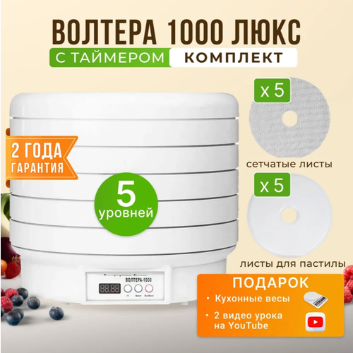 Комплект с сушилкой волтера 1000 люкс с таймером 5 поддонами 5 листами для пастилы 5 сетчатыми листами кухонные весы в подарок 1594800₽