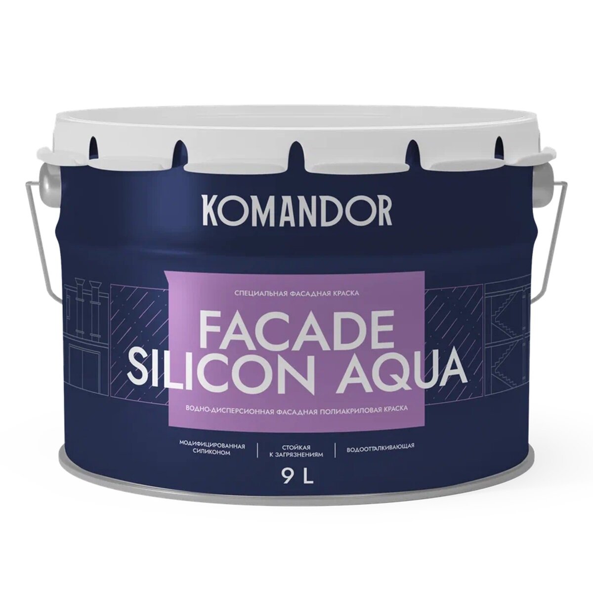 Краска фасадная Komandor Facade Silicon Aqua, глубокоматовая, база А, белая, 9 л
