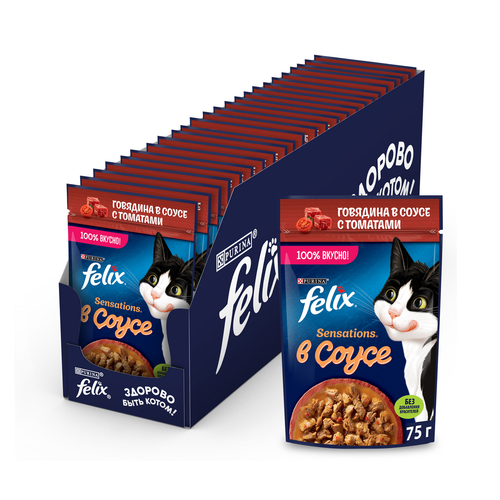 Корм влажный Felix Sensations с говядиной и томатами в соусе для взрослых кошек 75 г x 26 шт
