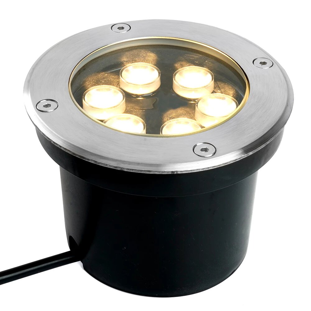 Светодиодный светильник тротуарный (грунтовый) Feron SP2802, 6W, AC12-24V, низковольтный, 3000К, металлик, D120*H90mm, вн. диаметр: 90mm, IP67 (48453)