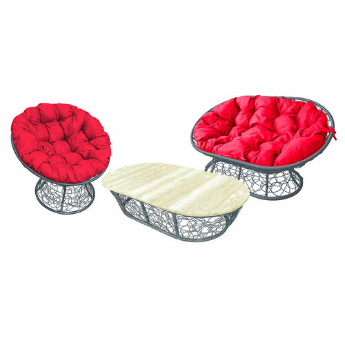 Комплект M-group мамасан, папасан и стол с ротангом серое красная подушка