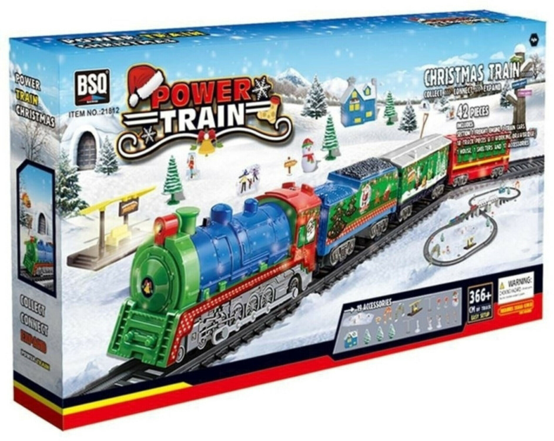 Железная дорога детская Новогодний поезд, 4 состава, 366 см длина трассы, с подсветкой, с фигурками - BSQ-21812