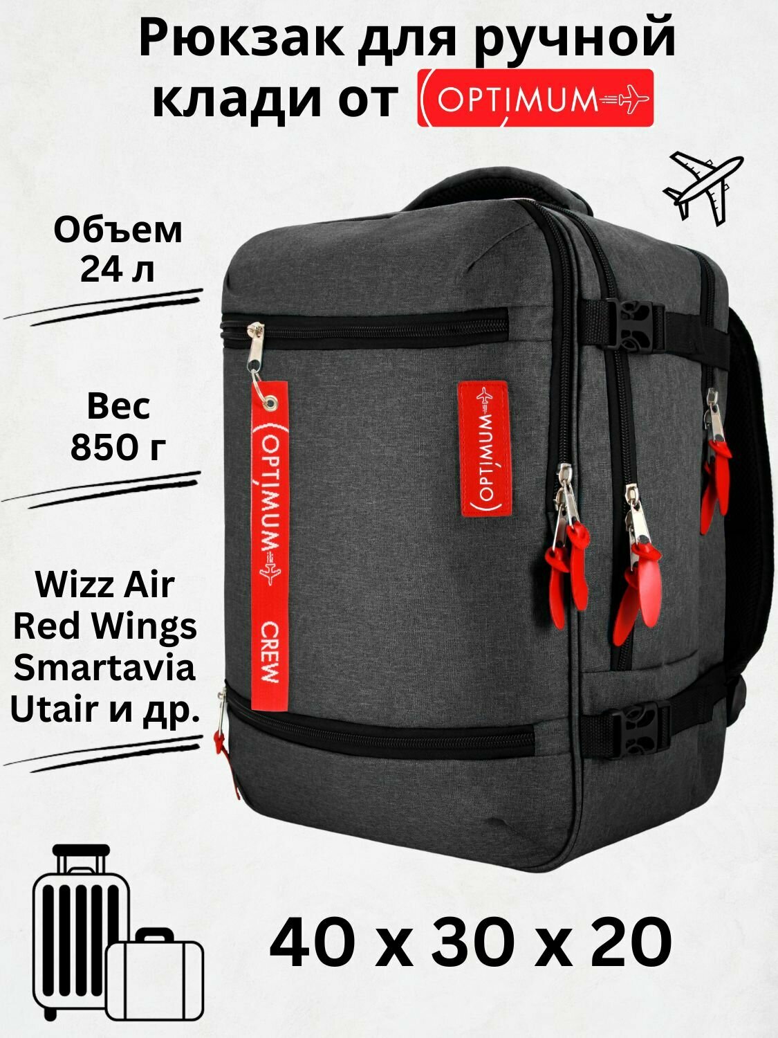 Рюкзак для путешествий дорожный ручная кладь 40х30х20 Смартавиа ЮТэйр Wizz Air, темно-серый