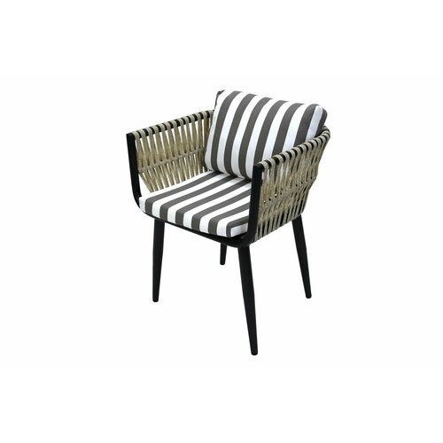 Кресло к набору Монте-Карло арт. MK-MT005-2024 (каркас черный, ротанг жемчуг, ткань полоска) (В)