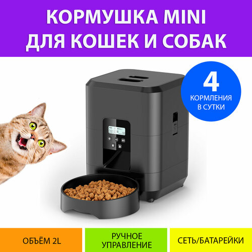 Автокормушка mini для кошек 2 литра (Черная), до 4 кормлений в сутки, с таймером подачи MY PET`S GADGETS