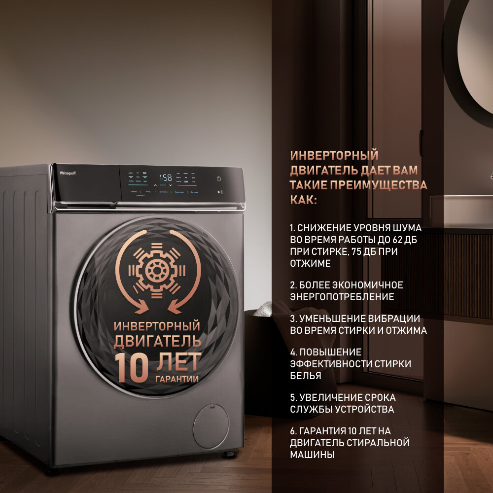 Стиральная машина полноразмерная Weissgauff WM 879 Diamond Inverter Steam, с фронтальной загрузкой, 10кг, 1400об/мин (431000) - фото №2