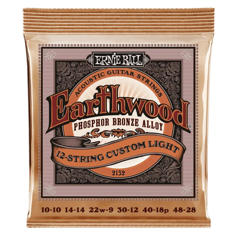 Струны для 12 струнной акустической гитары ERNIE BALL 2152 Earthwood Phosphor Bronze Custom Light 10-46, Ernie Ball (Эрни Бол)