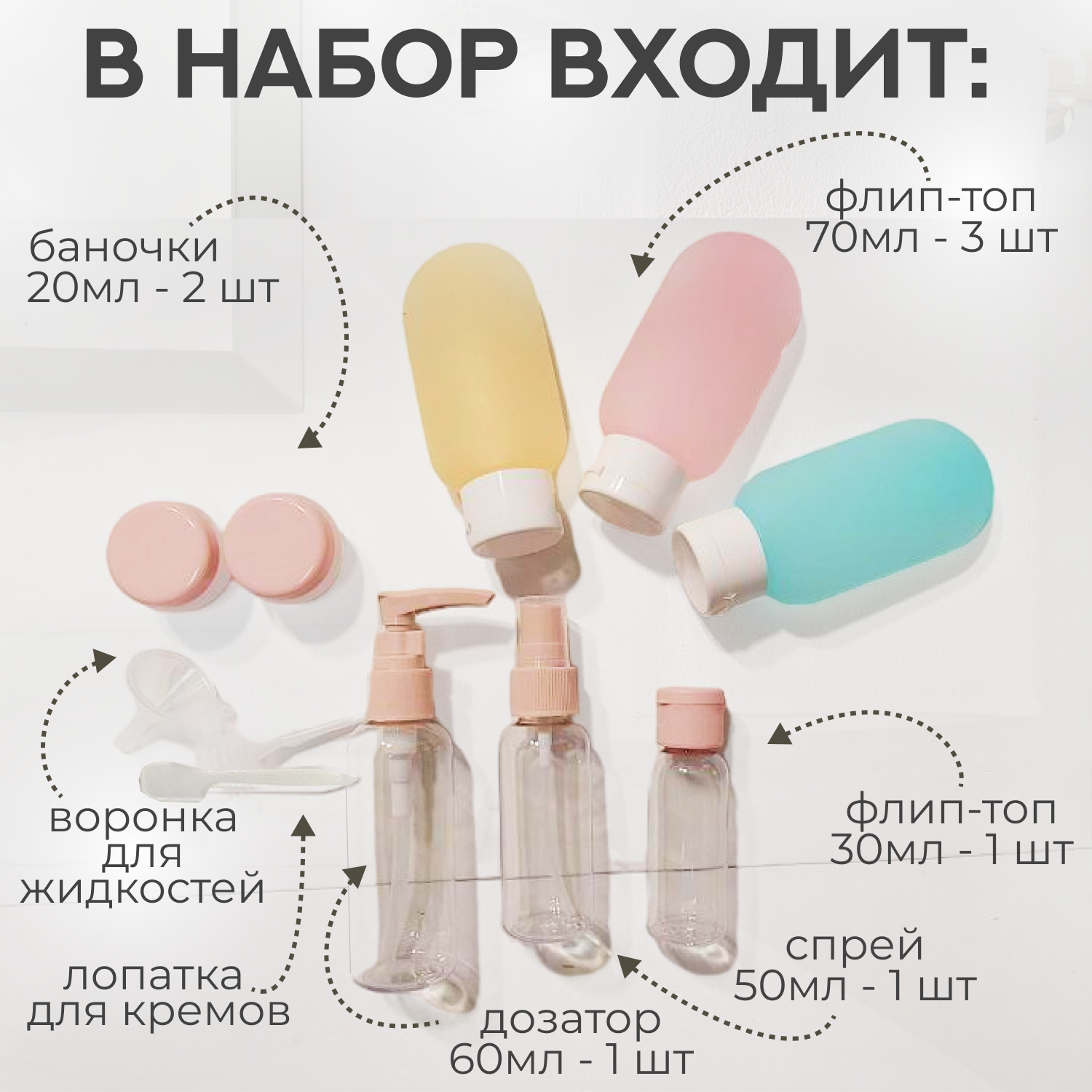 Дорожный комплект дозаторов и флаконов для косметики/ Органайзер для шампуня, геля для душа / 11 предметов — фото 1
