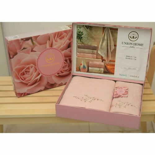 Union Home Набор банных полотенец,50х90см, 70х140 см, Хлопок, Светло-розовый, Розы, Салима,400 г/м2