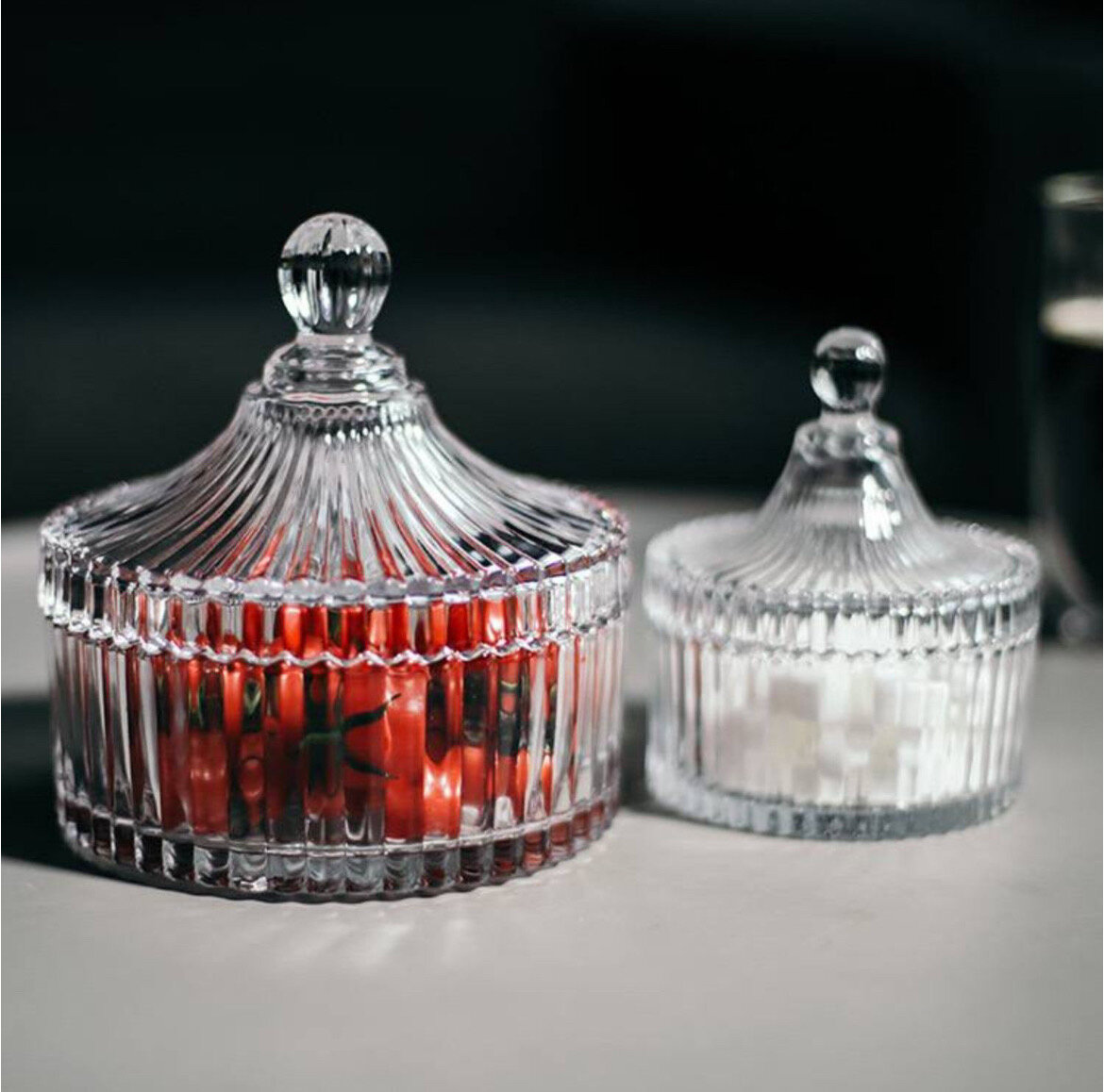 Прозрачная стеклянная сахарница с рифлеными стенками 250 ml — фото 1