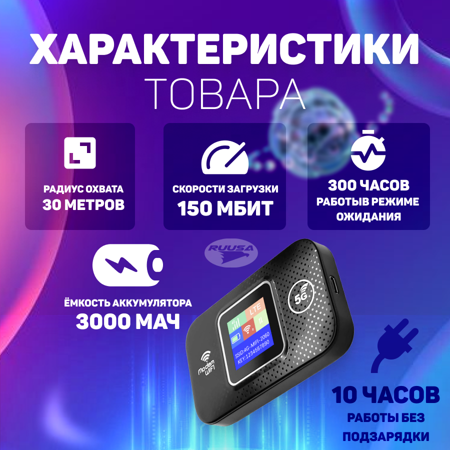 Беспроводной Карманный WiFi роутер с поддержкой 3G и 4G, со встроенным аккумулятором, черный — фото 1