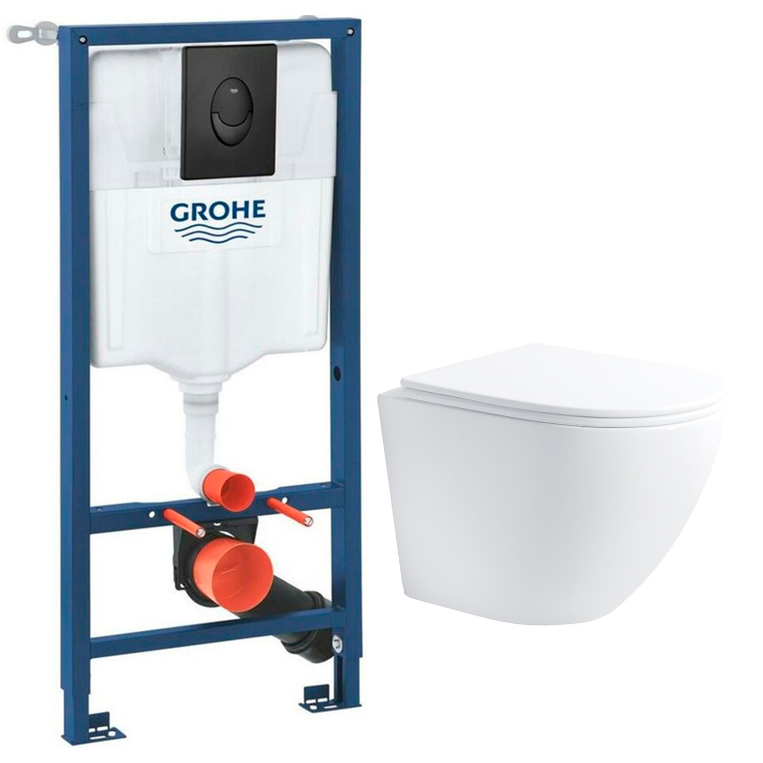 фото Инсталляция с подвесным унитазом Helmken 35490101 комплект 3 в 1: подвесной безободковый унитаз, сиденье микролифт, инсталляция Grohe с кнопкой смыва