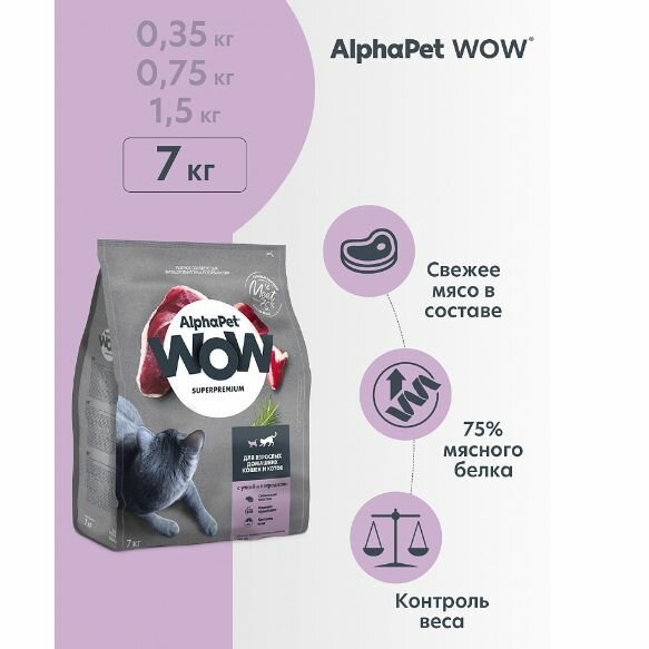 Сухой корм для домашних кошек и котов AlphaPet WOW Superpremium с уткой и потрошками, 7 кг
