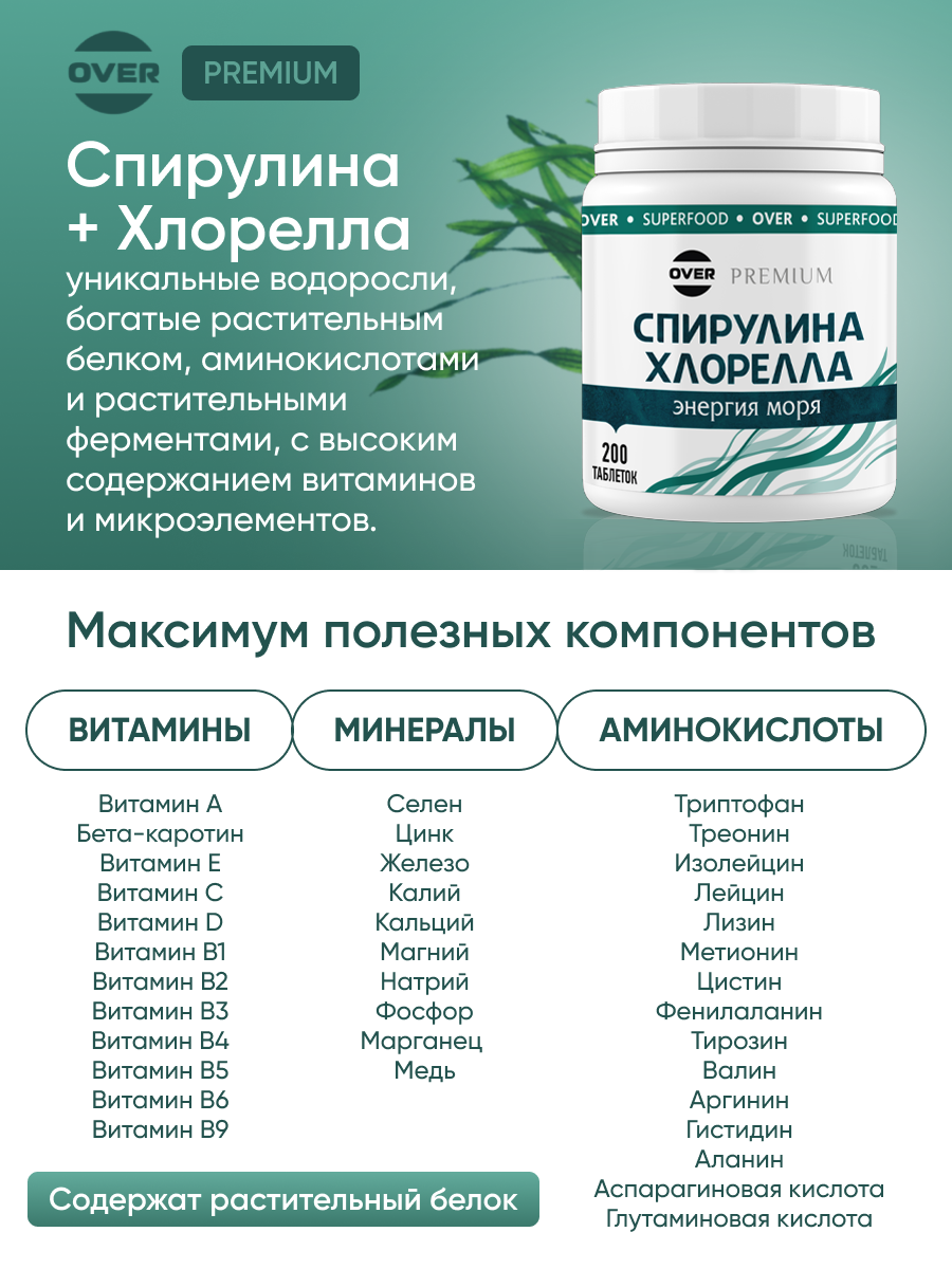 Изображение Спирулина+Хлорелла в таблетках, для похудения, детокс, очищение организма, для иммунитета, суперфуд, 200 шт