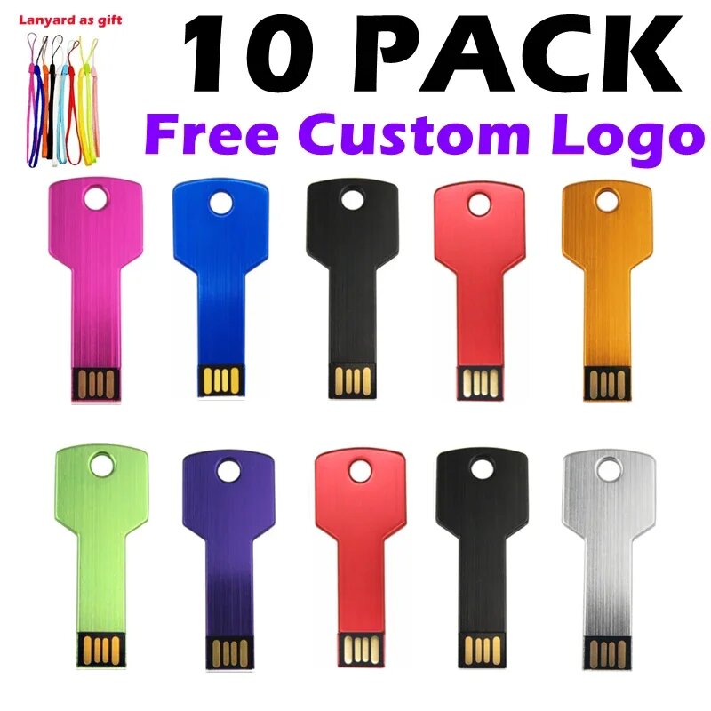 10 шт./лот персонализированный логотип USB 2,0 в форме ключа металлическая память U Stick 4 ГБ 8 ГБ USB-накопитель 32 ГБ 16 ГБ USB-флешка бизнес-подарок, Mixed Color, 128MBX10PCS
