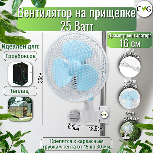 Вентилятор на клипсе прищепке City Green 25Вт предназначен для обдува растений в гроубоксах теплицах гроутентах 3000₽