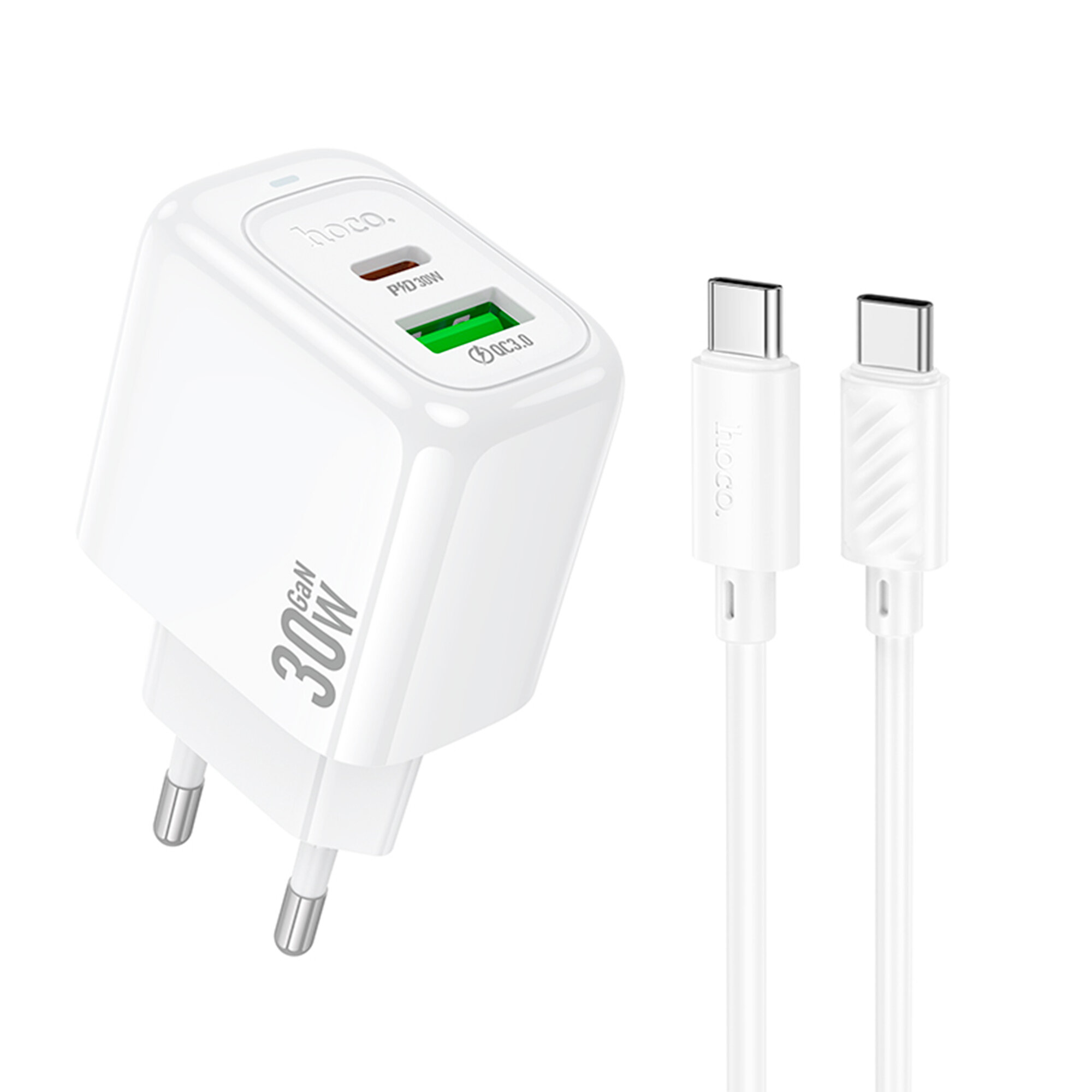 Сетевое зарядное устройство, 1 PD 30W + 1 USB 3.0 QC (CS55A), HOCO, Type-C to Type-C, белый