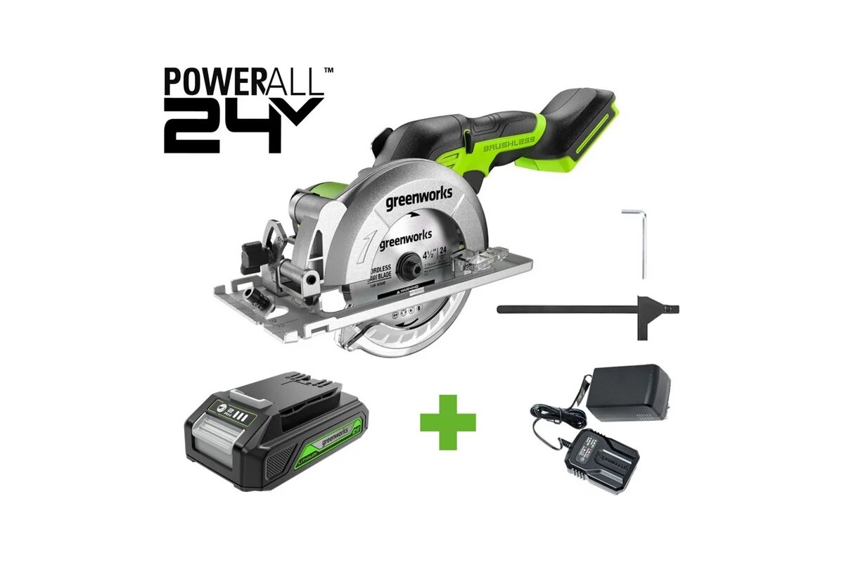 GreenWorks Дисковая мини пила G24MCS 24V б/щет диск 120x95мм 6500 об/мин рез 39мм1x2Ач ЗУ кор () 1501207VUA