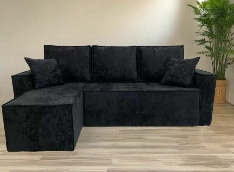 Угловой диван-кровать "Лофт" черный антивандальный велюр OWN № 22, левый угол