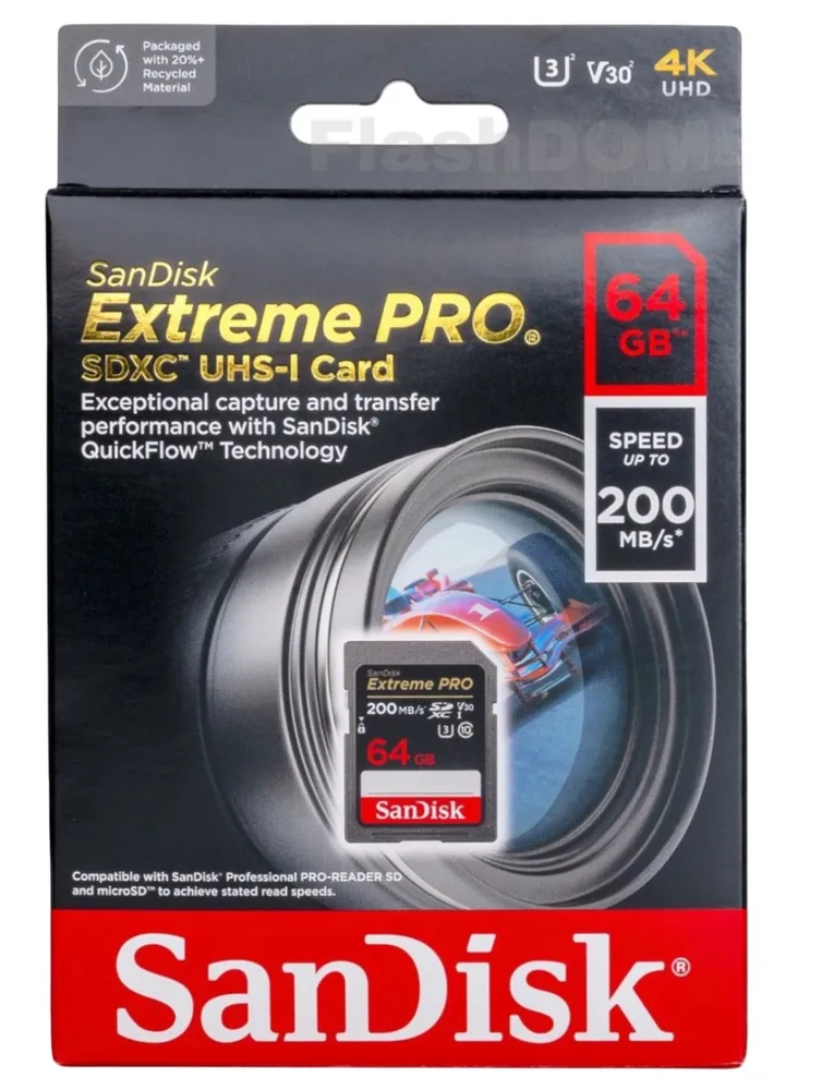 Карта памяти SnDisk Extreme PRO SDXC 64GB UHS-I V30 U3 Class 10, до 200 МБ/с, для 4K видео и фото