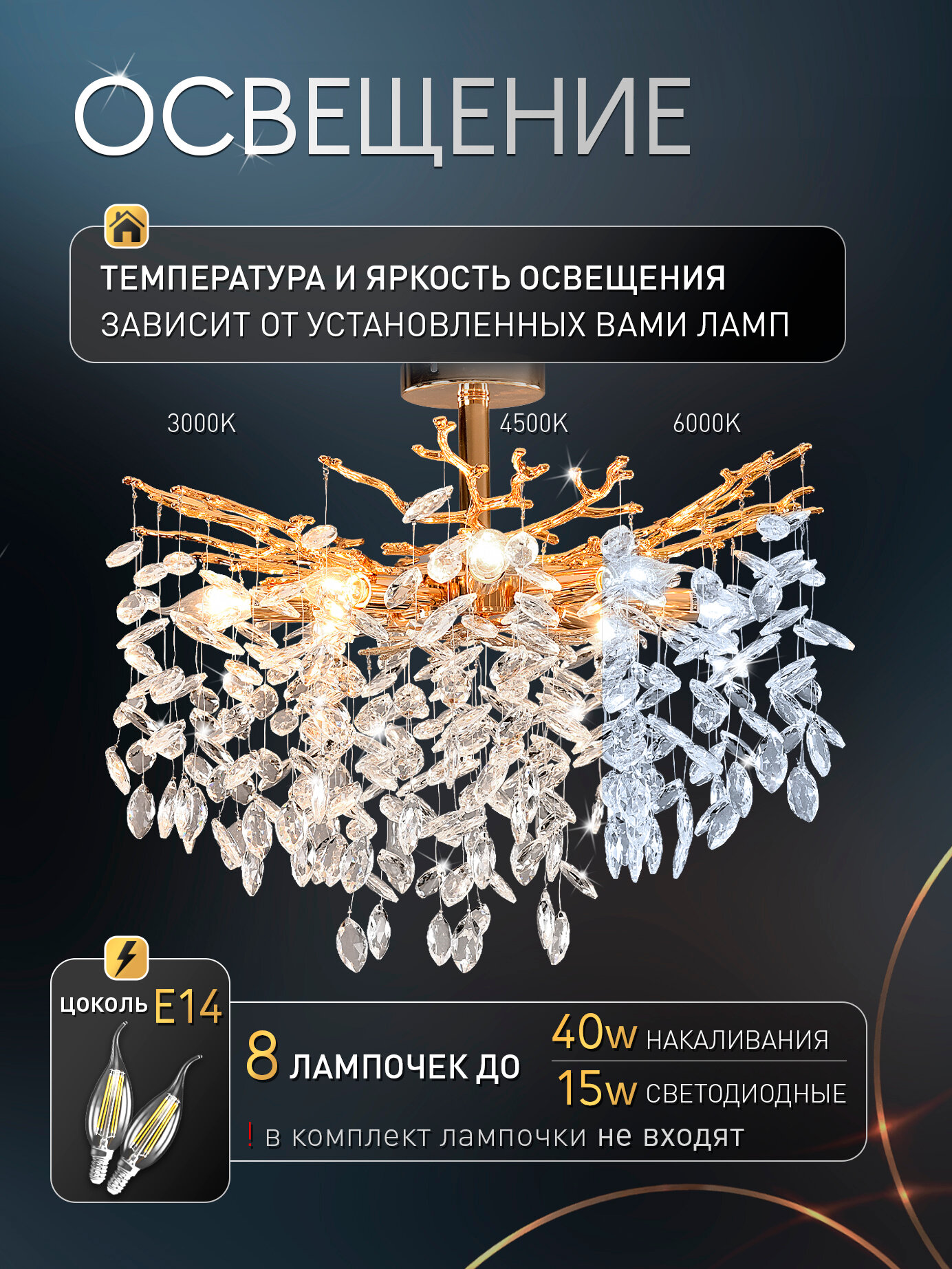 Люстра VAVILON III 8 x E14, 40W, GOLD — фото 1