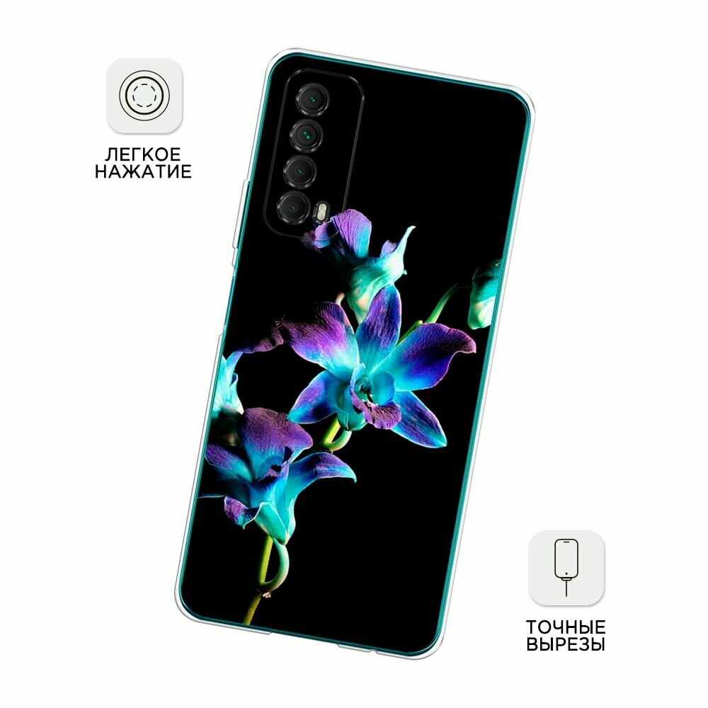 Чехол на Huawei P Smart 2021 / Хуавей П Смарт 2021 с принтом "Синий цветок на черном" — фото 1