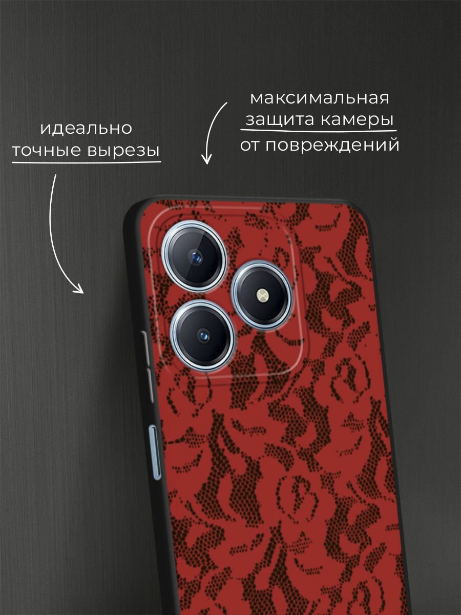 Черный матовый чехол на Realme C63 / Реалми С63 с принтом Красные кружева цветов — фото 1