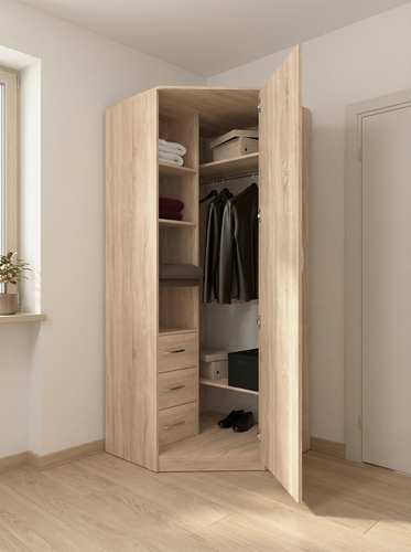 Изображение товара Шкаф угловой распашной Анри-2 с 3 ящиками, 6 полками и штангой для вешалок, дуб сонома