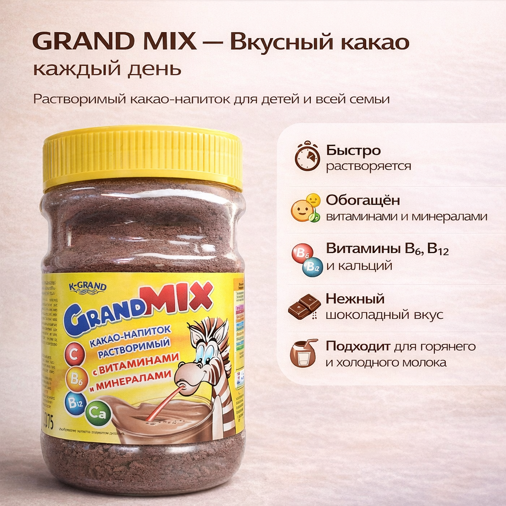 Какао-порошок "Грандмикс", для варки, в пластиковой банке, 375 г